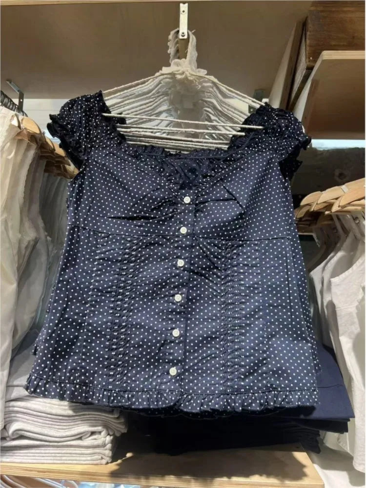 Polka Dot Navy Folds Blouse Tops Women Casual Single Breasted Ruffle Sleeveless Tank Tops Vest Vintage Preppy Style Vests Y2K