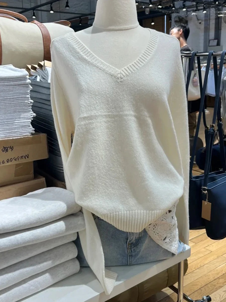 Beige V-neck Knitted Sweater Women Fall Winter Casual Soft Long Sleeve Jumper Tops Sweet Simple Basic Sweaters Female New