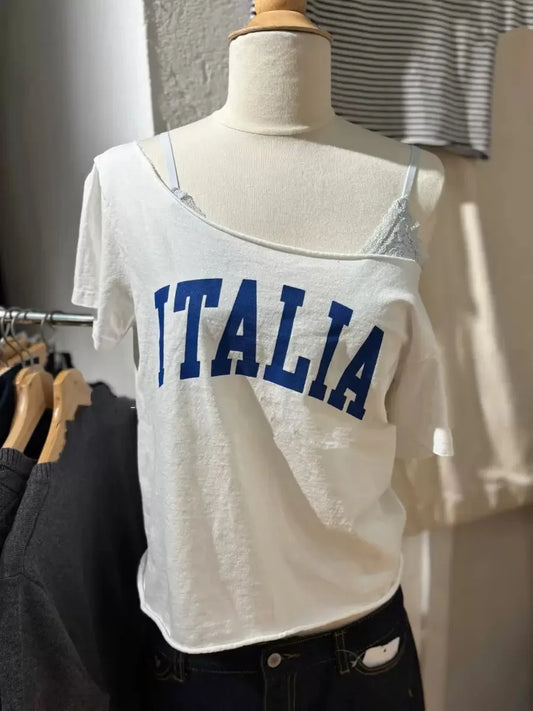 Letter Print Slash Neck T-shirts Women Simple All-match Cotton Raw Hem Short Sleeve Tees Female Vintage Sweet Y2K Crop Tops New