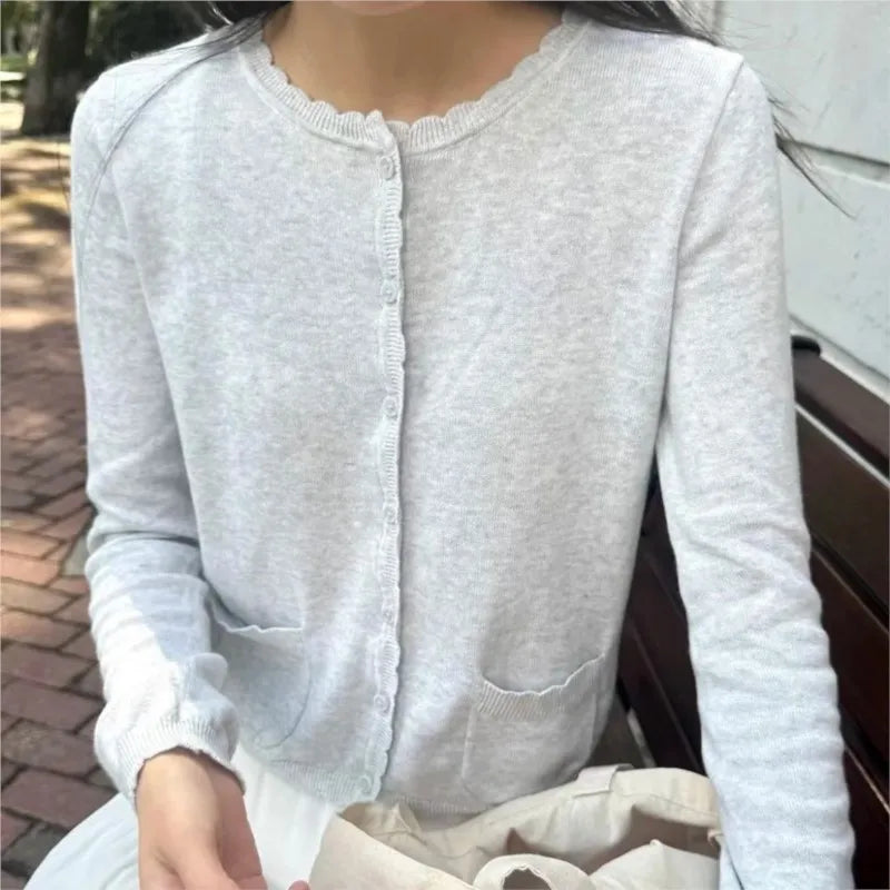 Gray Long Sleeve Knitted Cardigan Women New Simple Basic Cotton O-neck Casual Preppy Style Jumper Sweet Vintage Chic Sweater Top
