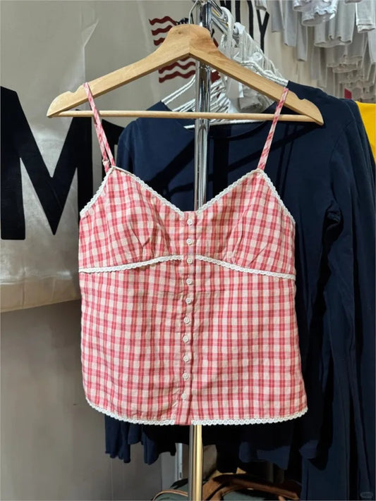 Pink Plaid Lace Trim Tank Tops Women Summer New Casual Cotton Sexy Slim Buttons Strapless Vests Sweet Vintage Cute Camisole Y2K