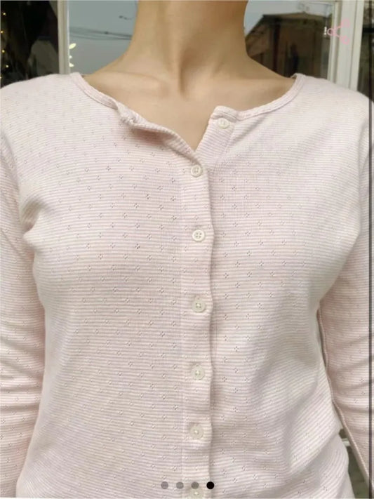 Pink Eyelet Slim Long Sleeve T-shirts Women Preppy Style O-neck Single Breasted Cotton Tee Shirts Sweet Cute Vintage Tops