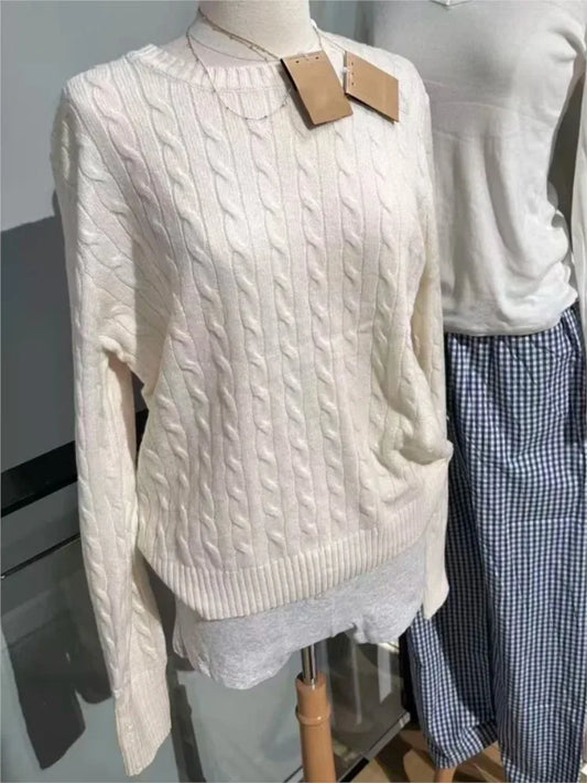 Beige Twisit O-neck Knitted Sweater Women Autumn New Casual Loose Long Sleeve Pullover Tops Simple Preppy Style Jumper Sweaters