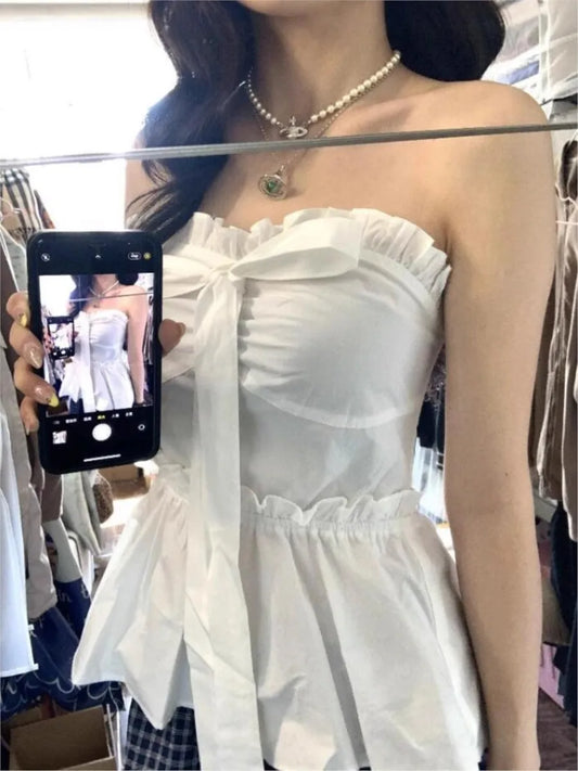 Sexy White Bow Ruffle Tube Top Women Summer New Streetwear Slim Sleeveless Tank Tops Female Sweet Chic Preppy Style Camisole Y2K