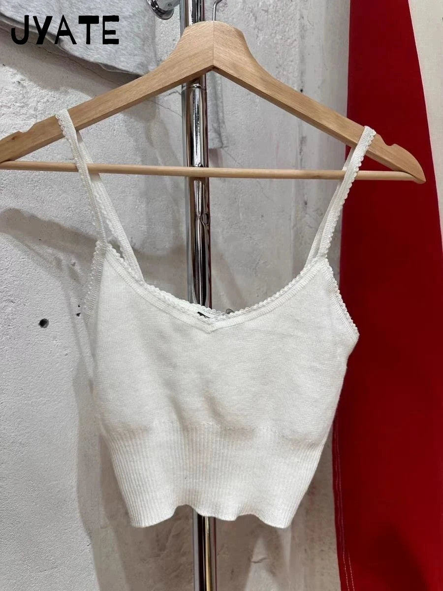 Simple Basic White Slim V-neck Crop Tops Women New Cotton Knitted Casual Sleeveless Tank Tops Sweet Cute Vintage Camisole Y2K