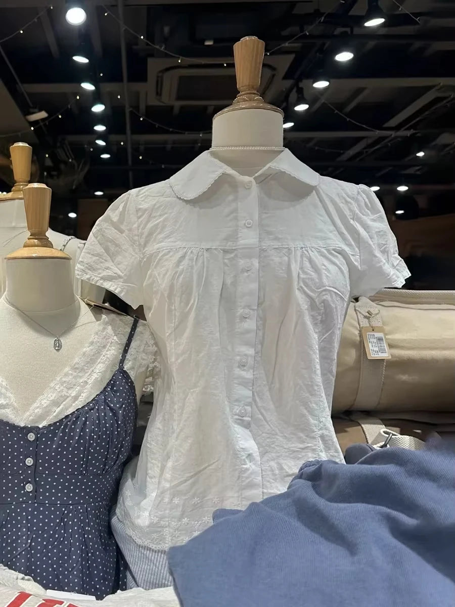 Blue Striped Peter pan Collar Blouse Women Casual Preppy Style Buttons Short Sleeve Tee Sweet Vintage Cute T-shirts Y2K Tops New