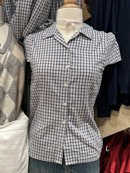 Vintage Plaid  Lapel Blouse Top Women Summer Casual Preppy Style Buttons Short Sleeve Tees Sweet Cute Retro T-shirts Y2K Tops
