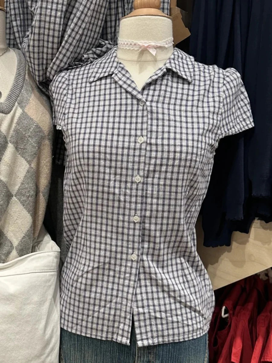Red Plaid Button Blouse Women Casual Streetwear Cotton Lapel Short Sleeve Tees Vintage Preppy Style Sweet T-shirts Y2K Tops