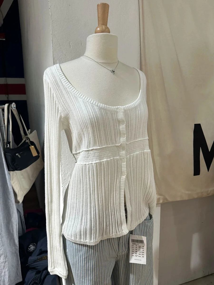 Sweet Hollow Out Slim Long Sleeve T-shirt Women Solid O-Neck Single Breasted Cotton Tees Simple Chic Knit Tshirt Y2K Tops New
