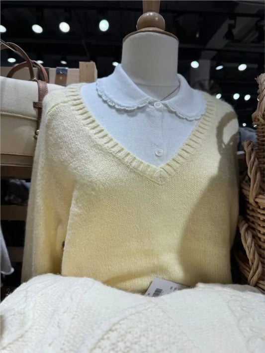 Yellow Sweater Woman Spring Casual Sweet V-neck Long Sleeve Knitted Pullover Cute Simple Preppy Style Sweaters Chic Y2k Jumpers