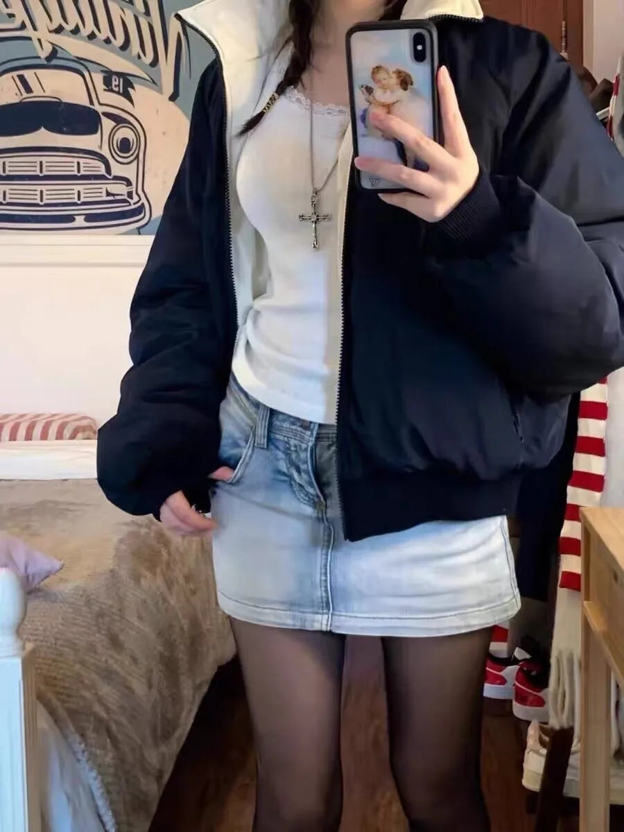Sweet Double-sided Loose Jacket Women Stand Collar Solid Cotton Warm Casual Outerwear Street Vintage Chic Jackets Tops Female