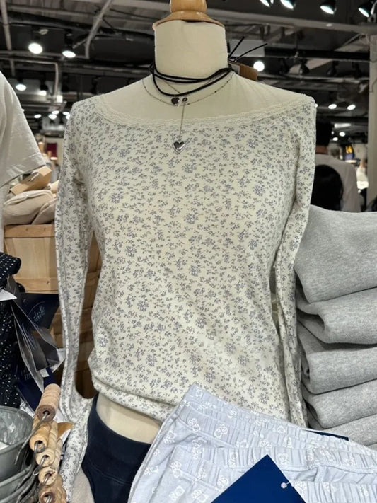 Sweet Floral Lace Trim Long Sleeve T-shirt Women Autumn Sexy Scoop Neck Cotton Slim Tees Vintage Streetwear Chic Tshirt Y2K Tops