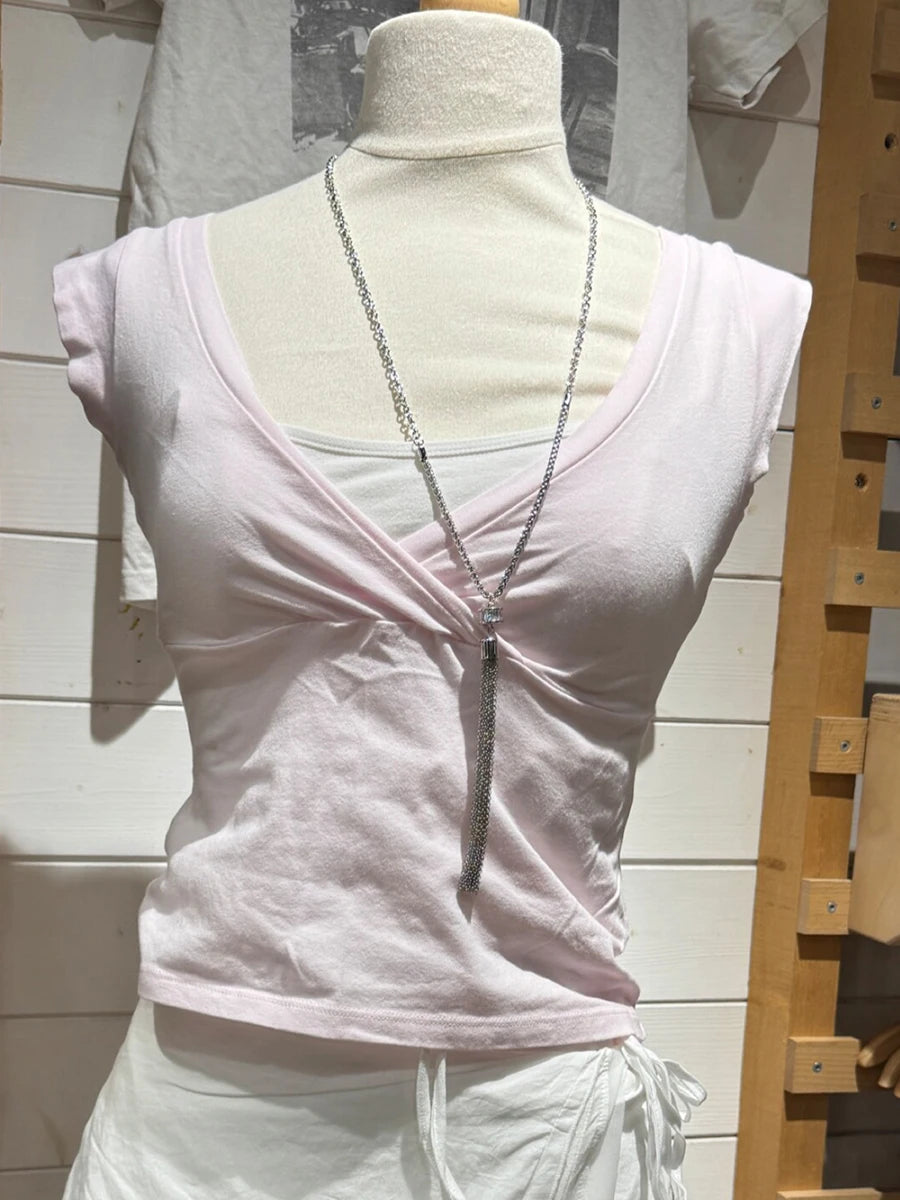 Rose V-neck Sleeveless T-shirts Women Summer Casual Fairy Style Slim Cotton Crop Tops Female Sweet Cute Ballecore Vests Y2K