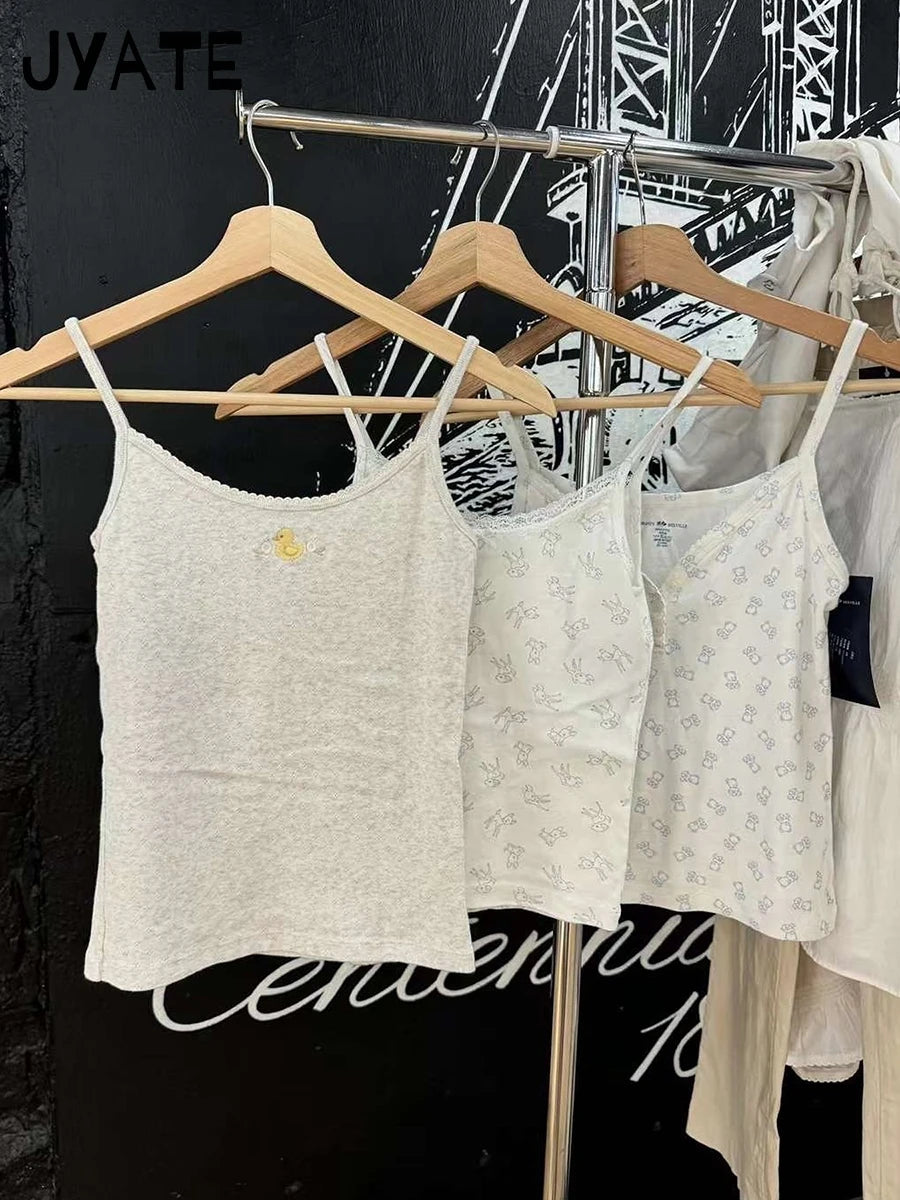 Little Deer Lace Trim Tank Tops Women Summer New Casual Preppy Style Slim Bow Sleeveless Vests Sweet Cute Vintage Camisole Y2K