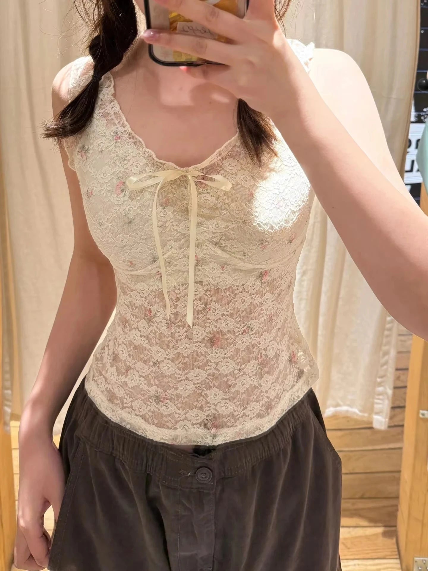 Floral Lace Sexy Transparent Solid Vests Women Cotton Bow V-neck Lace-up Sleeveless Thin Tank Tops Cute Streetwear Y2K Crop Tops