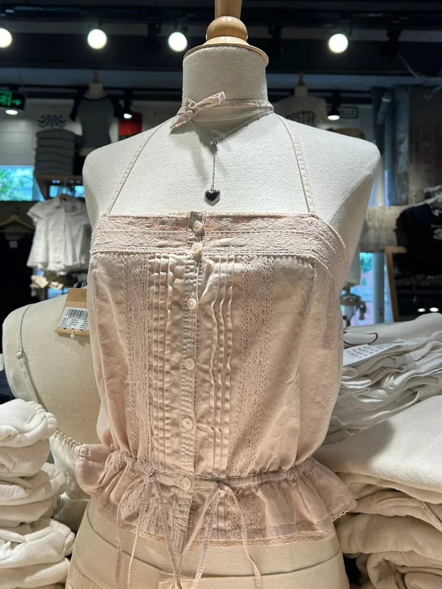White Simple Lace Trim Lace-up Tank Tops Women Summer New Single Breasted V-neck Slim Camisole Female Sweet Cotton Vest Y2k Tops
