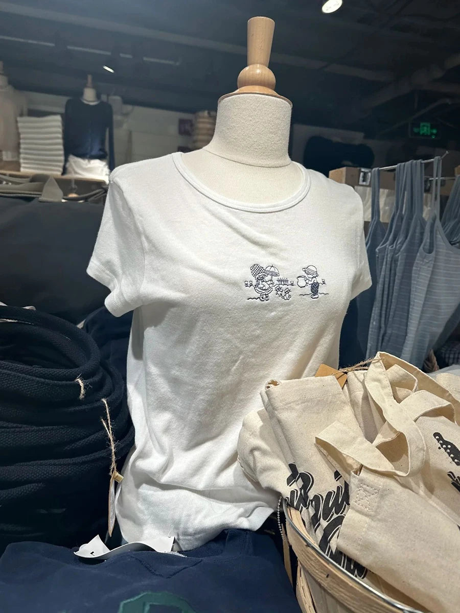 Girls and Cats Embroidery Slim T-shirt Women Summer Cotton Round Neck Short Sleeve Tees Sweet Preppy Style Cute Top Y2k T shirts