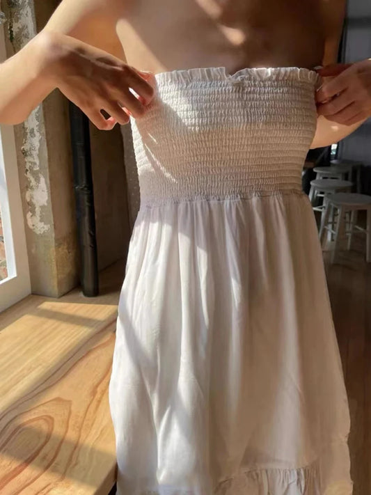 Sweet Ruffles White Folds A-line Dress Women Fit And Flare Elastic Strapless Short Vestidos Female Cute Simple Vintage Dresses