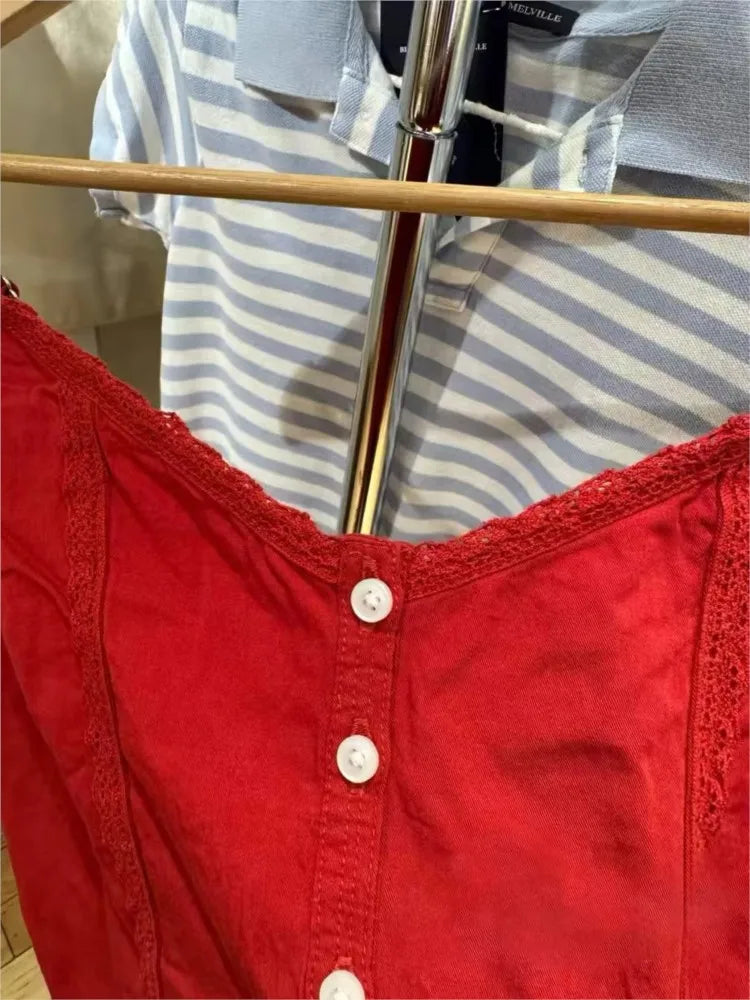 Red Lace Trim Cotton Tank Tops Women Summer New Casual Lace-up V-neck Sleeveless Vests Female Vintage Sweet Cute Camisole Y2K