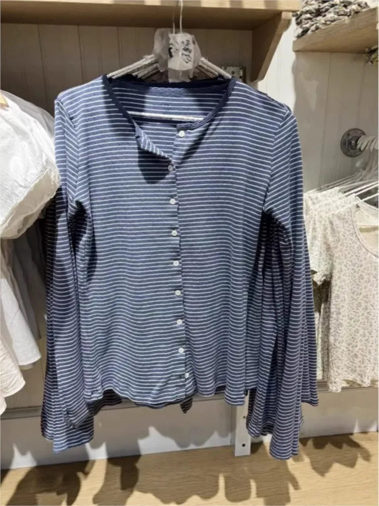 Blue White Striped Eyelet T-shirt Women O-neck Single Breasted Cotton Long Sleeve Tee Cute Sweet Preppy Style Slim Tops Tshirt