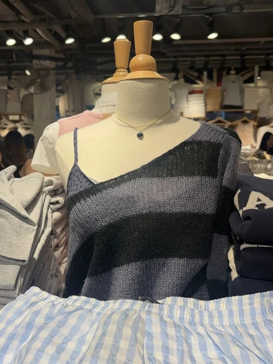 Sweetwear Striped Knitted Long Sleeve T-Shirt Women Autumn Scoop Neck Cotton Thin Smock Vintage Sweet Preppy Style Tee Tops Y2K
