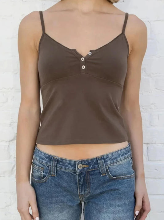 Retro Brown Lace Trim Buttons Tank Tops Women Summer V-neck Cotton Sexy Slim Sleeveless Crop Top Sweet Vintage Chic Y2K Camisole
