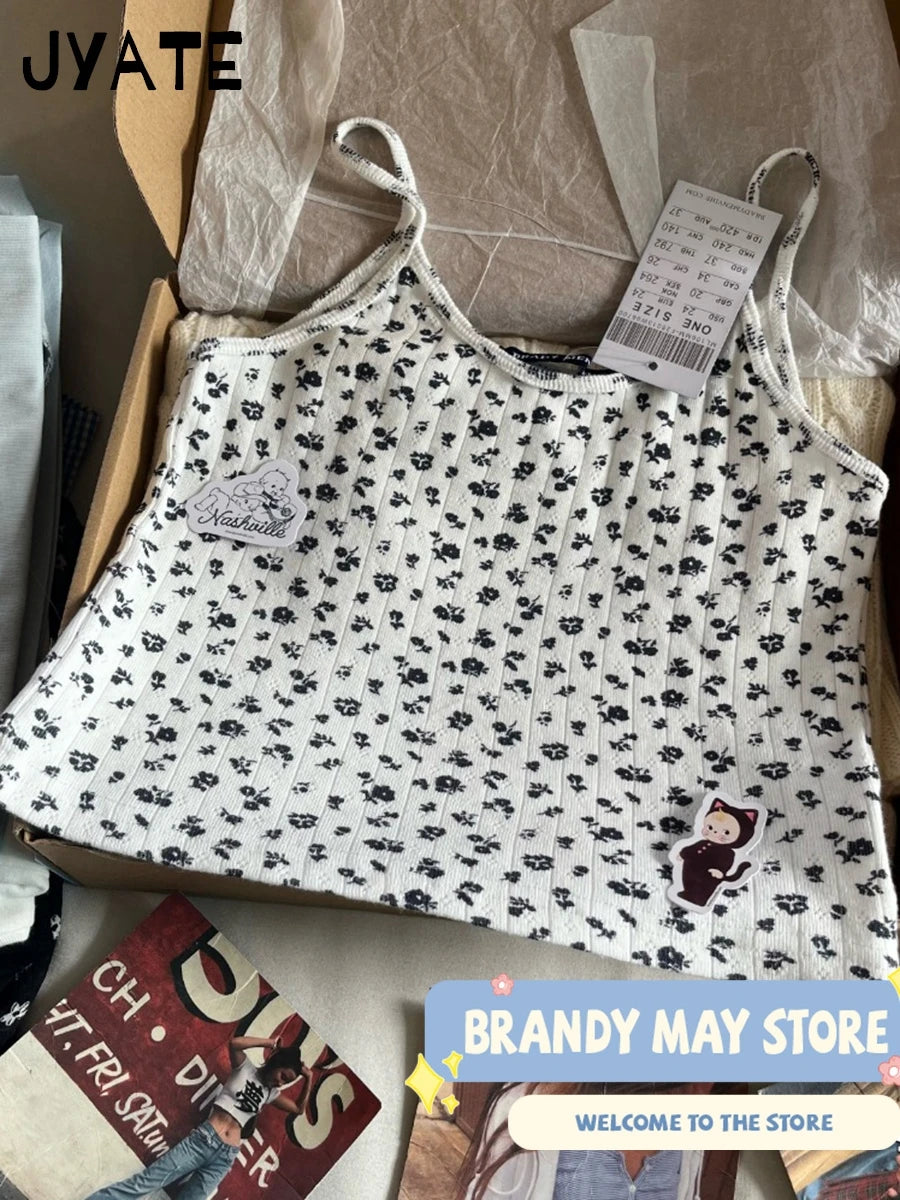 Navy Blue Floral Print Crop Tops Women New Cotton Casual Preppy Style Slim Cropped Sleeveless Vests Sweet Vintage Chic Camisole