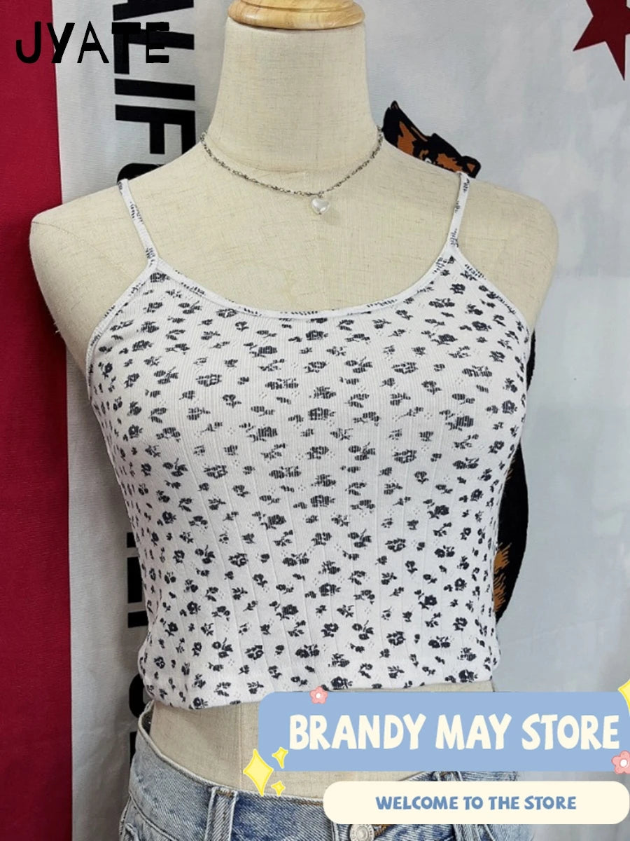 Navy Blue Floral Print Crop Tops Women New Cotton Casual Preppy Style Slim Cropped Sleeveless Vests Sweet Vintage Chic Camisole