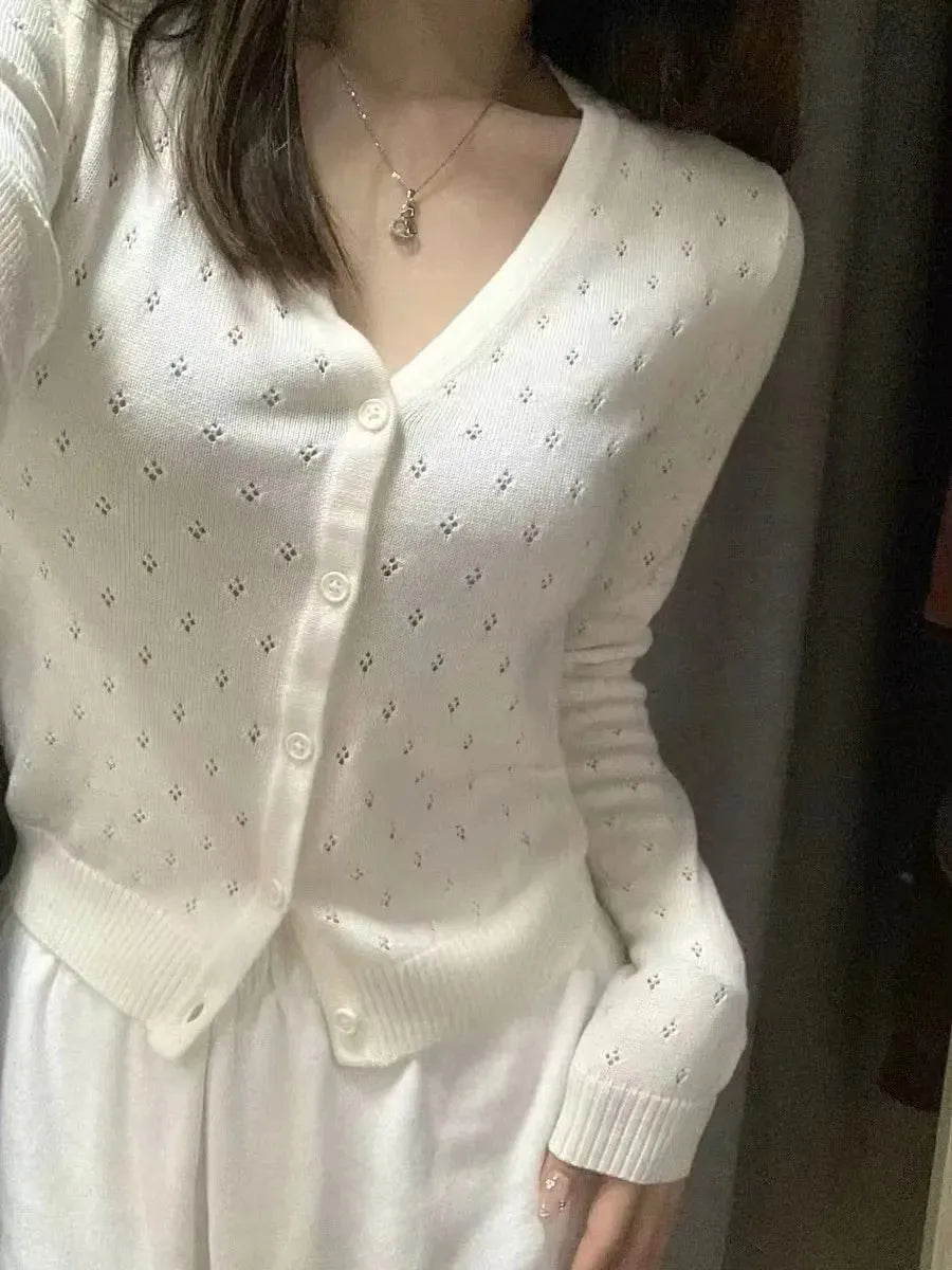 Beige Eyelet Slim Knitted Sweater Cardigan Women Autumn V-Neck Long Sleeve Sweaters Sweet Preppy Style Knitwear Coat Y2K Tops