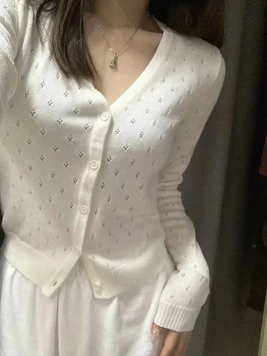 Beige Eyelet Slim Knitted Sweater Cardigan Women Autumn V-Neck Long Sleeve Sweaters Sweet Preppy Style Knitwear Coat Y2K Tops