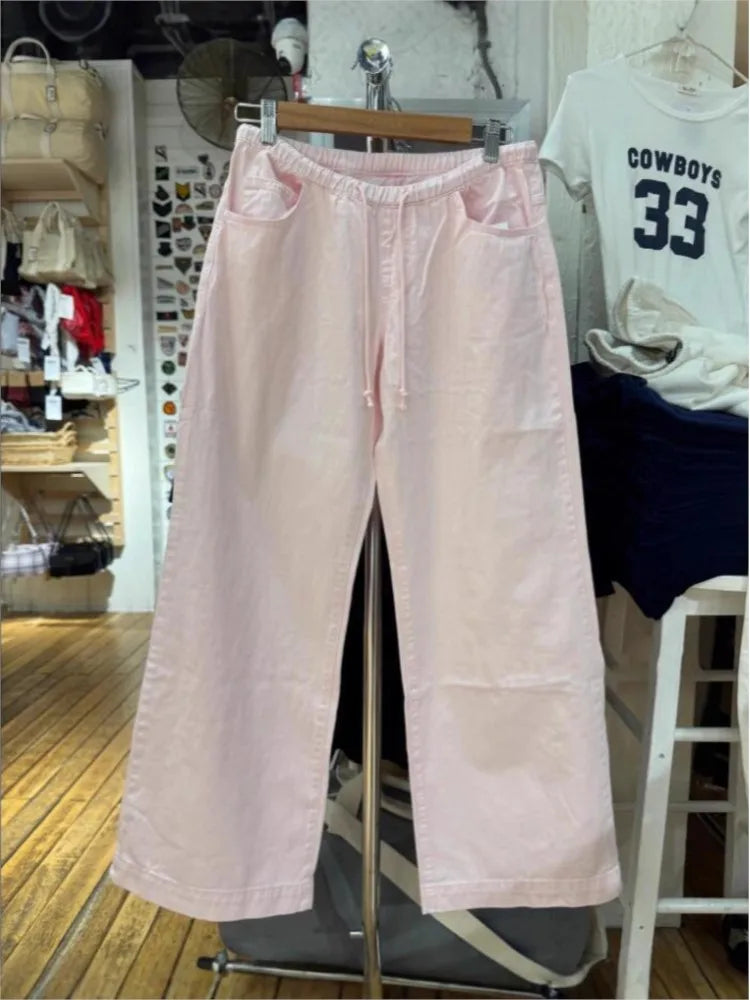 Pink Sweet Drawstring Loose Pants Women New Sexy Low Waist Pockets Straight Long Pant Baggy Cute Preppy Style Chic Trousers Y2K