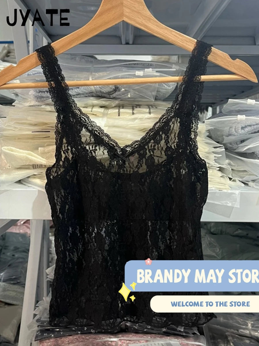 Lace Transparent Sexy V-neck Camisole Women New Streetwear Bow Thin Jacquard Sleeveless Vests Vintage Sweet Chic Tank Tops Y2K