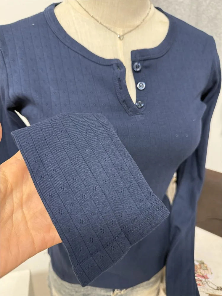 Eyelet Slim Long Sleeve T-shirt Women Simple Basic Preppy Style Buttons O-neck Cotton Tee Shirts Cute Vintage Sweet Tops