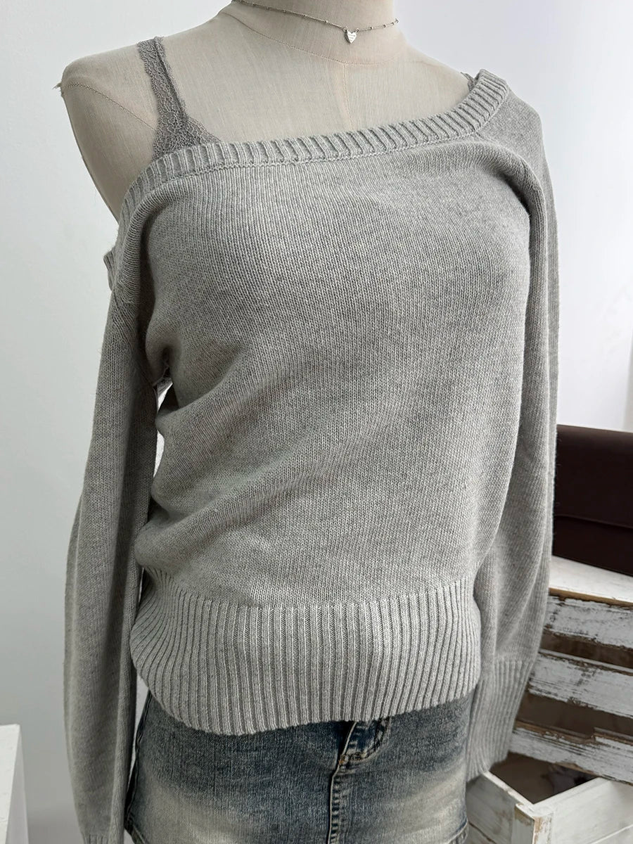 Sweet Gray Knitted Short Sweater Women Autumn Sexy Slash Neck Long Sleeve Cotton Jumpers Vintage Preppy Style Pullover Tops Y2K