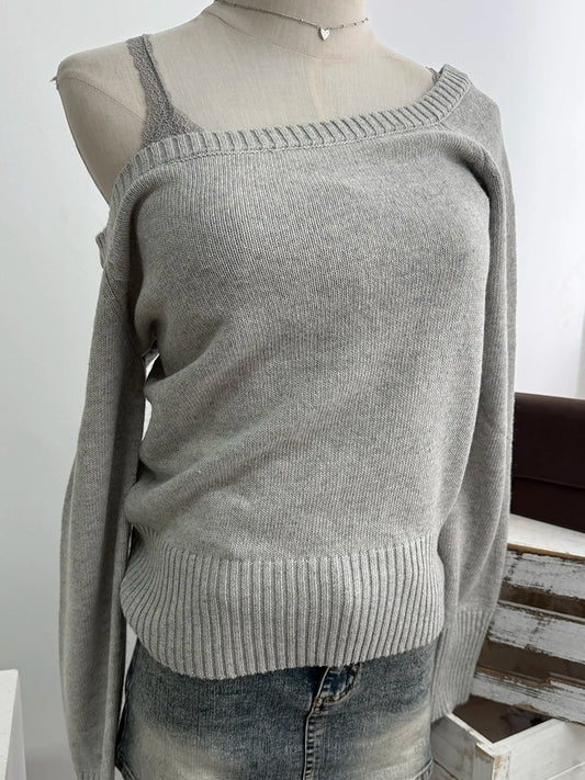 Sweet Gray Knitted Short Sweater Women Autumn Sexy Slash Neck Long Sleeve Cotton Jumpers Vintage Preppy Style Pullover Tops Y2K