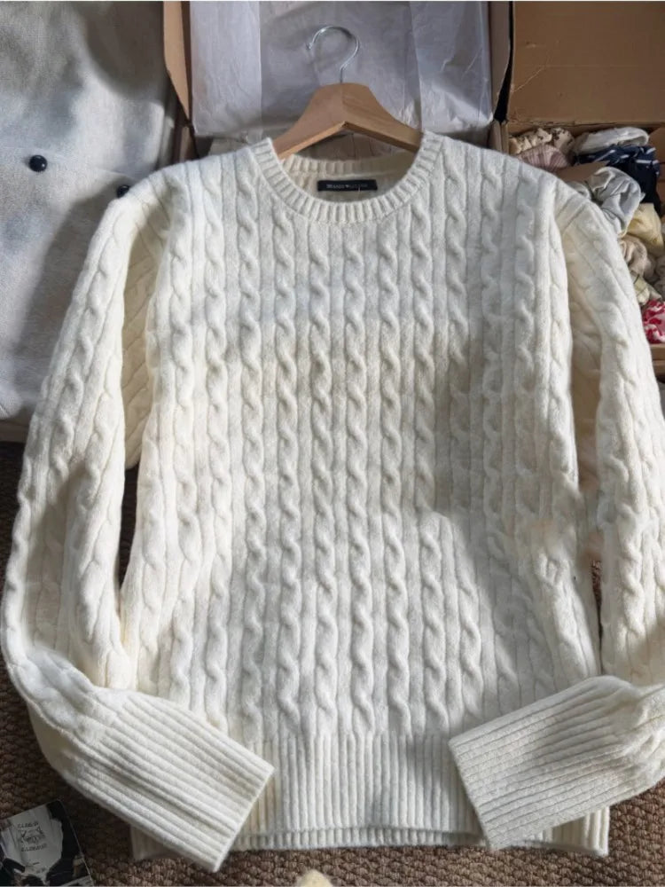 Beige Twisit O-neck Knitted Sweater Women Autumn New Casual Loose Long Sleeve Pullover Tops Simple Preppy Style Jumper Sweaters