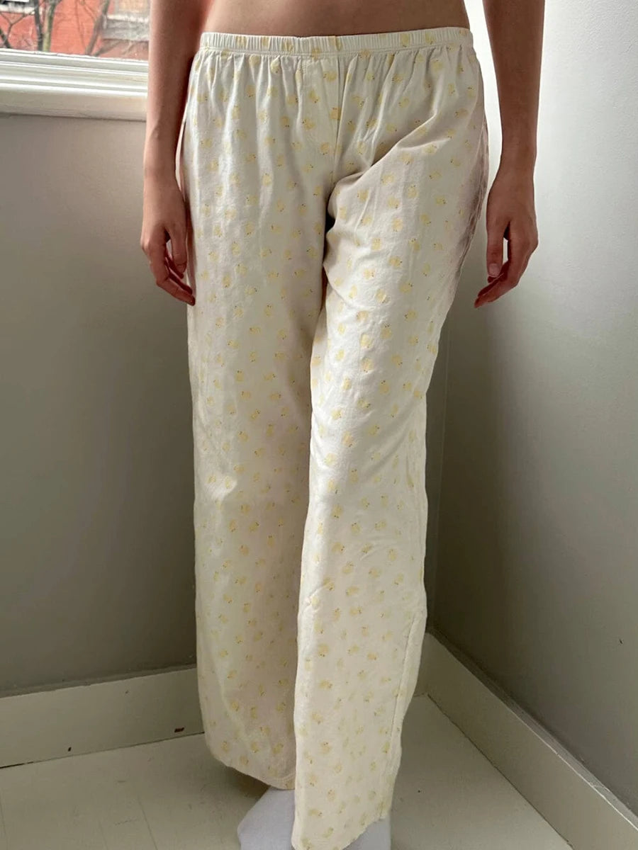 Little Yellow Duck Print Long Pants Women New Cotton Casual Elastic High Waist Straight Trouser Sweet Chic Cute Home Pant Y2K