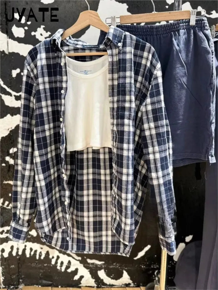 Navy Plaid Long Sleeve Tees Blouse Women New Loose Casual Single-breasted Lapel Tops American Vintage Chic Simple T-shirts Y2K