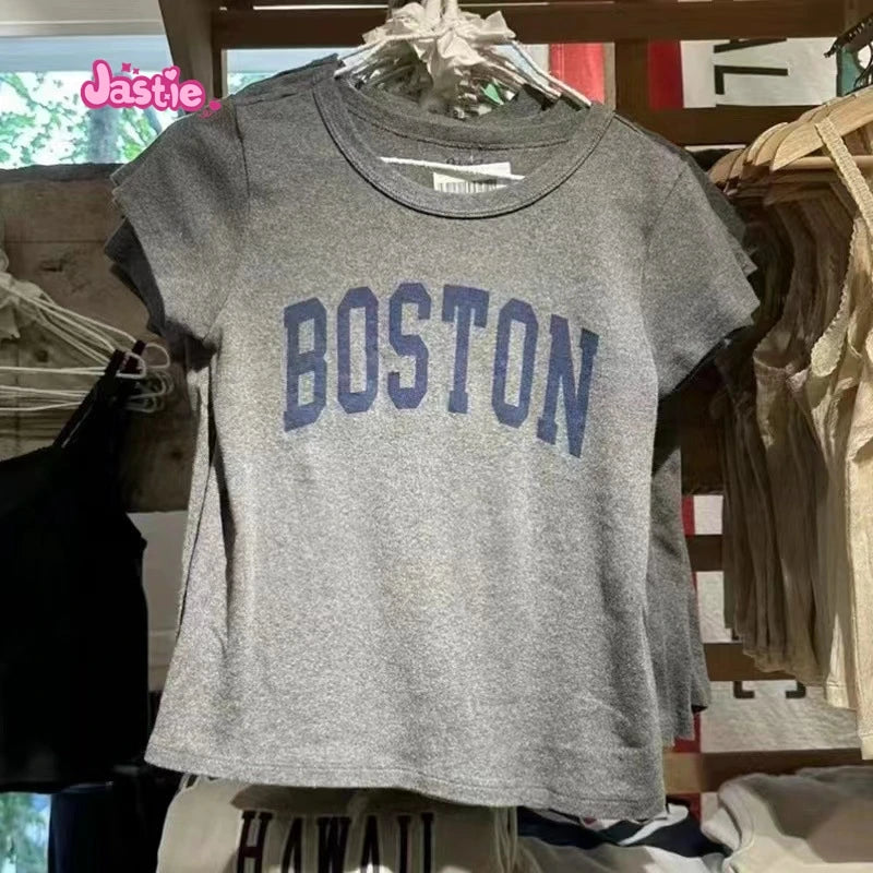 Vintage Letter Graphic Crop Top Women Summer Casual Round Neck Short Sleeve Short T-shirt Female Retro Classic Cotton Tops Chic