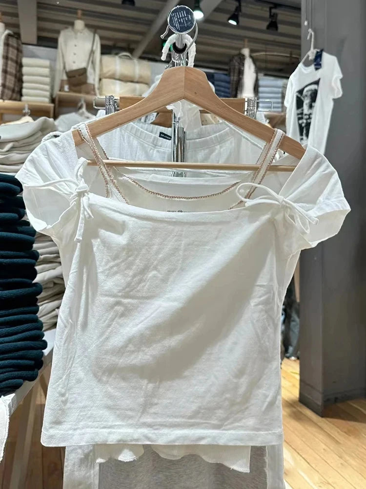 Sweet White Bow Cotton Short Sleeve Tees Women Slim Streetwear Casual Harajuku Square Collar Crop Tops Vintage Cute Y2K Shirts
