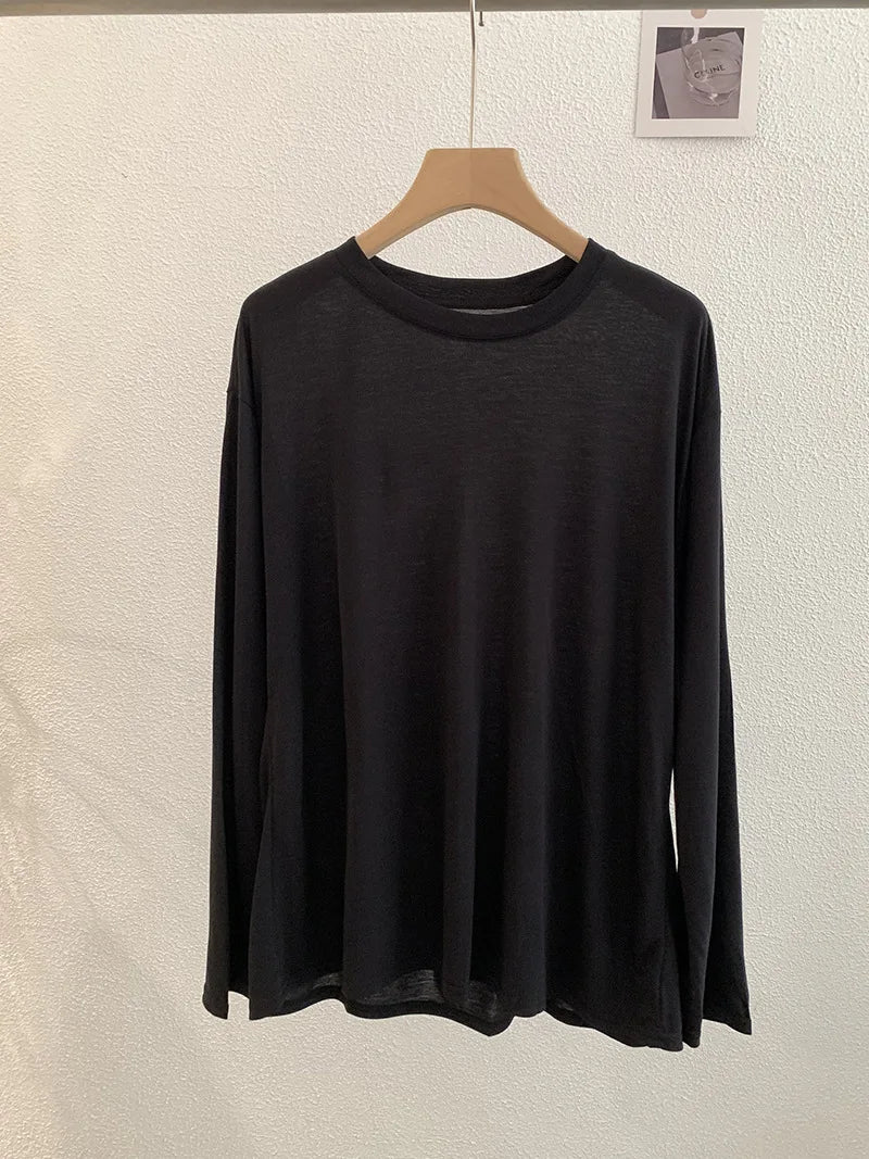 Sweet Thin Sun Protection T-shirts Women Summer Casual Streetwear Lyocell O-neck Long Sleeve Tees Chic Preppy Style Tops Y2K New