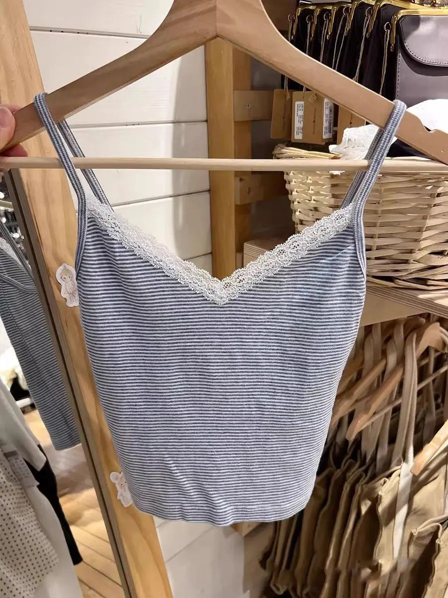 Sweet Slim Pink Striped Camisole Women Summer New Cotton Streetwear Sexy Cute Sleeveless Vests Female Chic Vintage Y2K Tank Tops