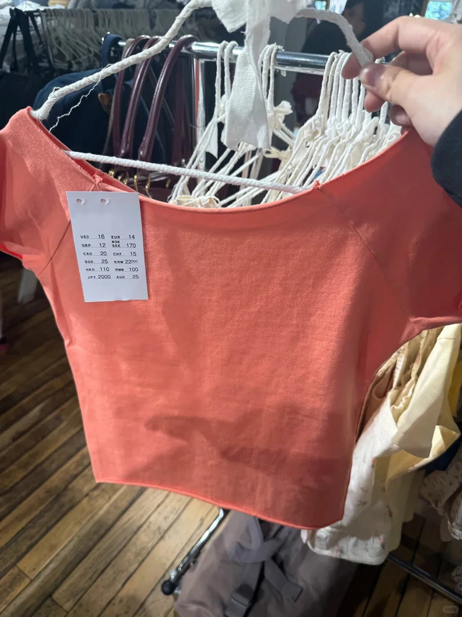 Orange Slash Neck Raw Hem Crop Tops Women Simple All-match Cotton Casual Slim T-shirts Female Sweet Chic Basic Cropped Tees Y2K