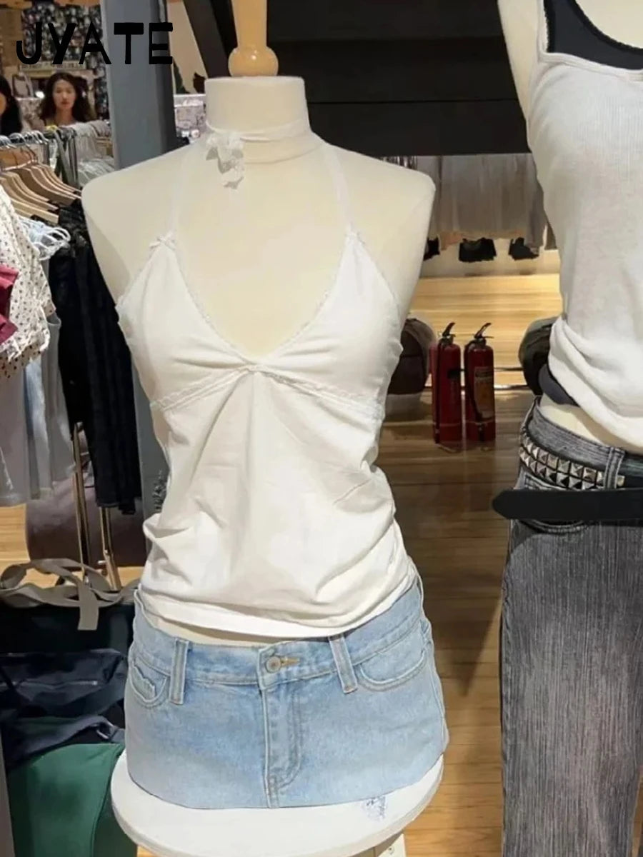 Sweet Lace Trim Halter Tank Tops Woman Summer Cotton Bow Sexy V-neck Slim Casual Cropped Vests Vintage Preppy Style Camisole Y2K