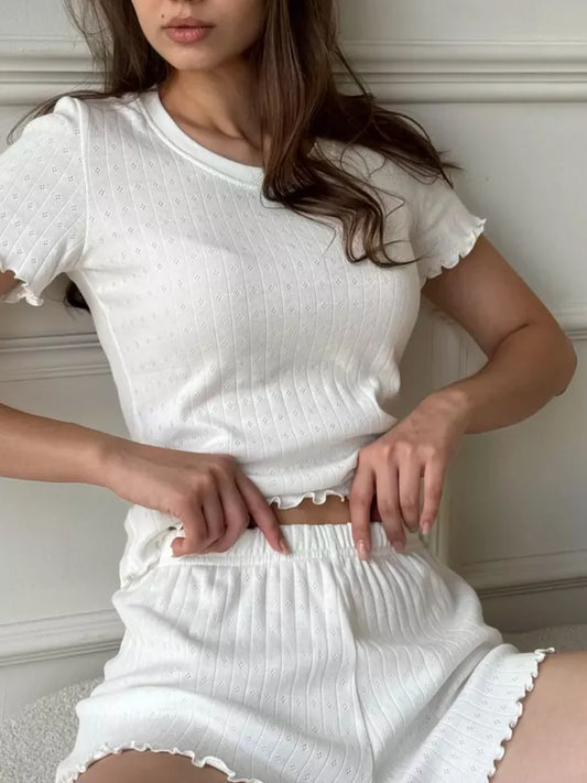 White Sweet Eyelet Short Sleeve T-shirt Shorts Set Women Casual Home Pajama 2 Piece Sets Slim Tees+Elastic Straight Sweatshort