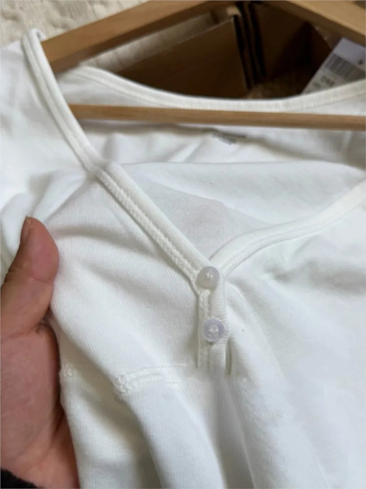 White V-neck Buttons T-shirts Women Simple All-match Casual Cotton Slim Short Sleeve Tee Sweet Cute Preppy Style Tshirt Y2K Tops