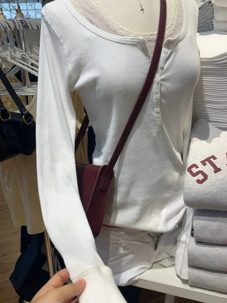 Simple White Ribbed Slim Long Sleeve T-shirts Women Autumn Six Buttons O-Neck Cotton Tshirts Tops  All-match Tees Shirt Clothes