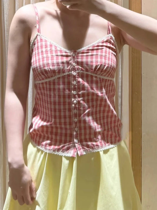 Pink Plaid Lace Trim Tank Tops Women Summer New Casual Cotton Sexy Slim Buttons Strapless Vests Sweet Vintage Cute Camisole Y2K