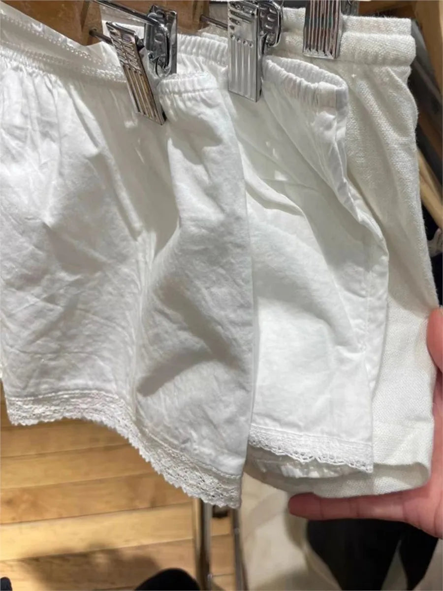 White Lace Trim T-Shirt Shorts Set Women Summer Lace-up Puff Sleeve Blouse+Elastic Waist Short Pants Sweet Simple 2 Piece Sets