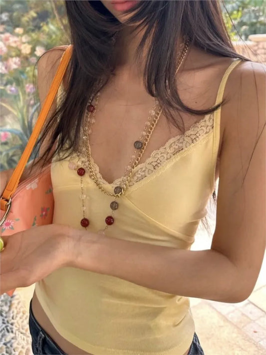 Sexy Lace Trim V-neck Tank Tops Women Summer New Casual Solid Preppy Style Slim Sleeveless Vests Sweet Cute Cropped Camisole Y2K